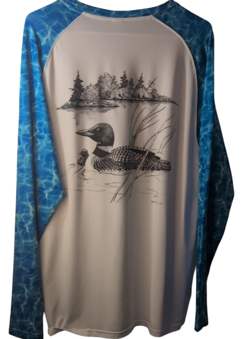 Al Moline Men's White Rash Guard with Blue Water-Print Sleeves, UPF 50+ Size L